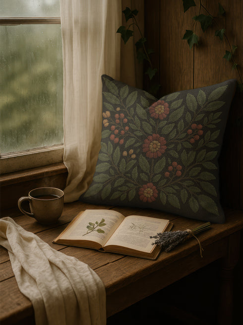 A 17x18 inch woven tapestry pillow featuring a dark green background with embroidered rowan leaves, berries, and rust-toned flowers. The pillow is double-sided, filled with plush poly fill, and sewn shut for a seamless, soft finish. Made from 58% cotton and 42% polyester yarns, this decorative cushion adds a cozy, mystical charm to any cottagecore, gothic, or forest-inspired home.